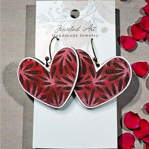 Jeweled Art Hand-Painted Textured Heart Statement Engraved Wood Earrings